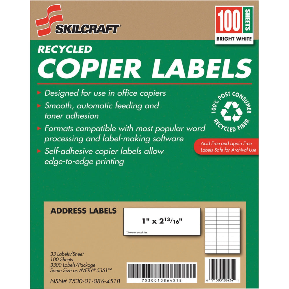 SKILCRAFT 100% Recycled Copier Address Labels, Rectangle, 1in x 2 13/16in, White, Box Of 100 (AbilityOne 7530-01-086-4518)