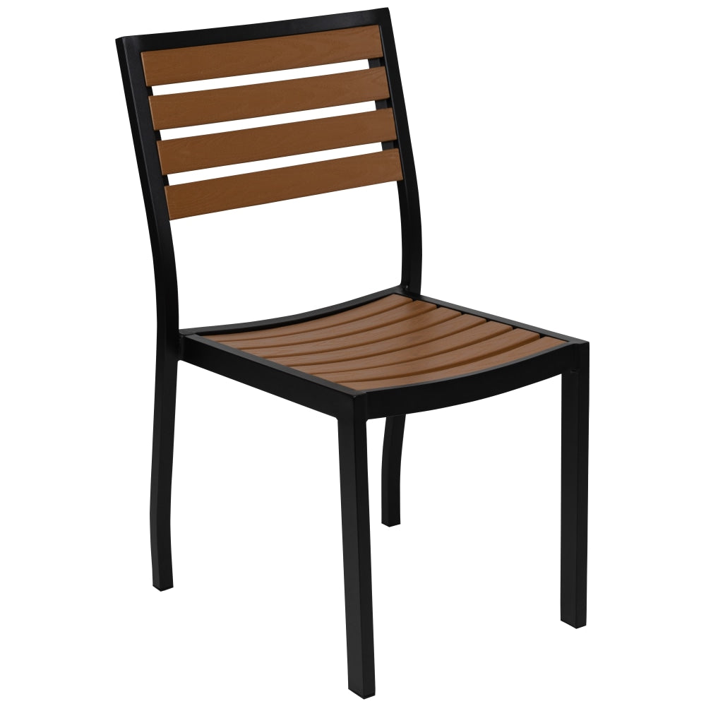 Flash Furniture Lark Outdoor Faux Teak Poly Slat Armless Side Chair, Teak/Black