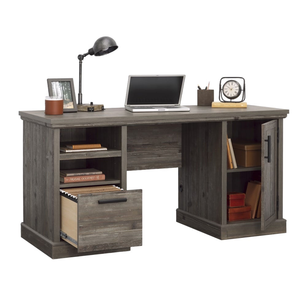 Sauder Aspen Post 59inW Double-Pedestal Computer Desk With Drawer, Pebble Pine