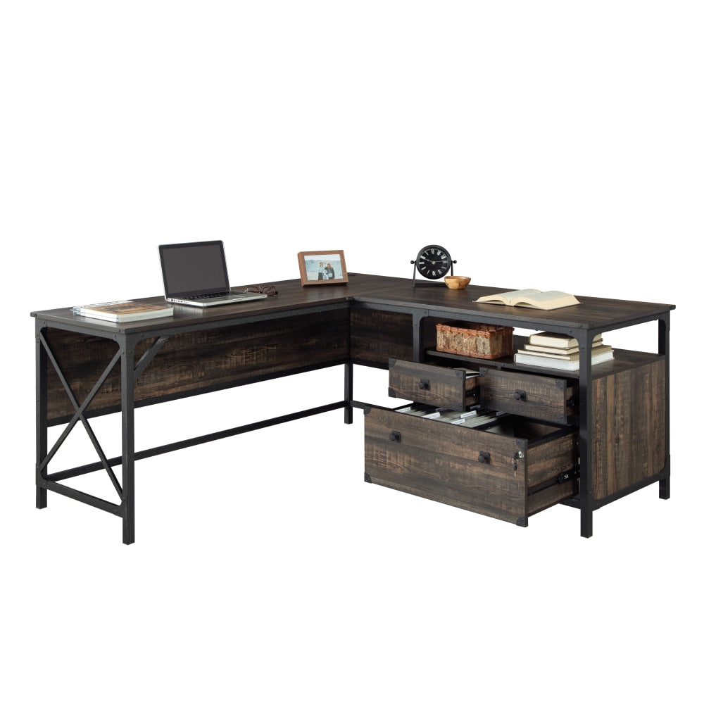 Sauder Steel River 67inW L-Computer Desk With Lateral File Drawer, Carbon Oak