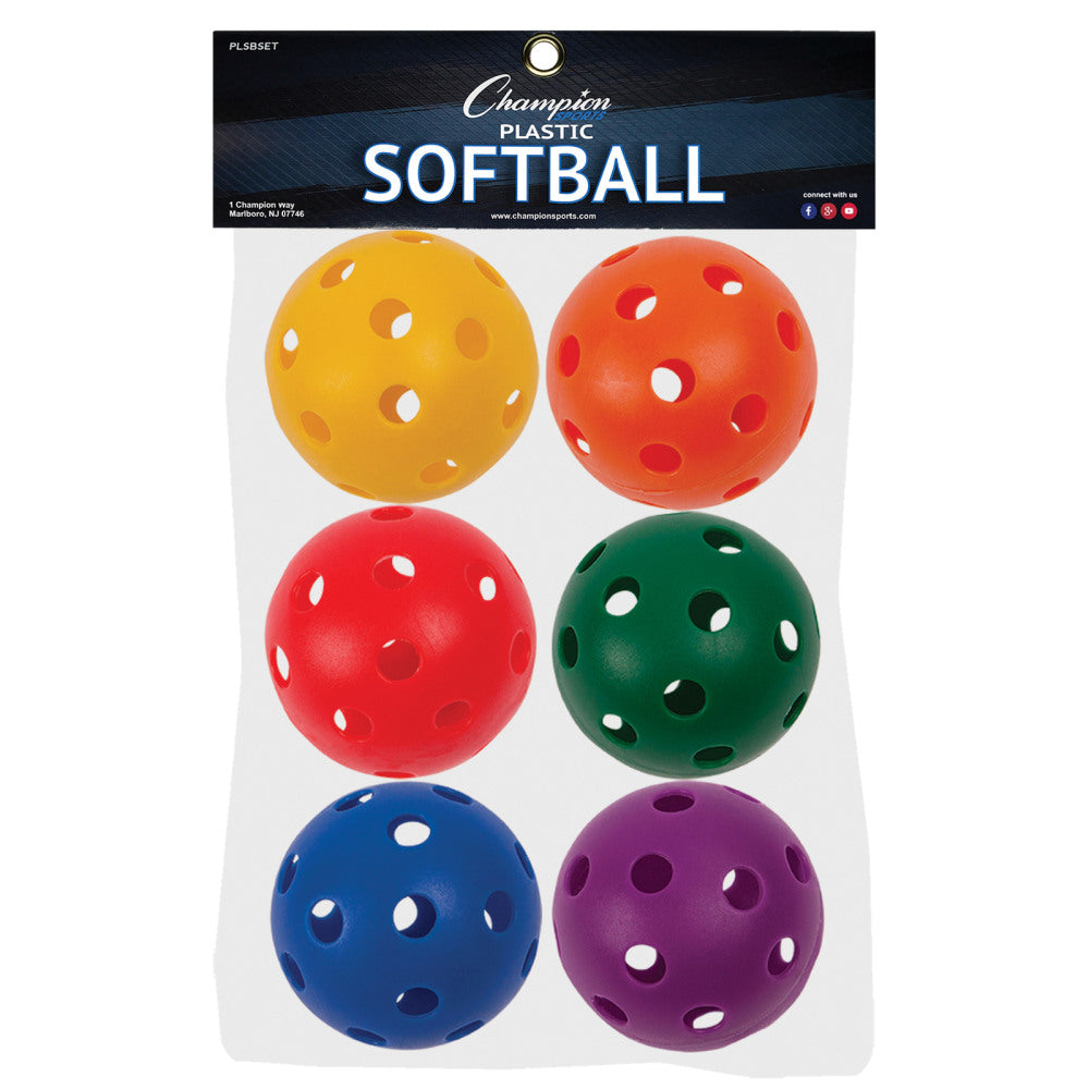 Champion Sports Plastic Softballs, Assorted Colors, 6 Balls Per Set, Pack Of 3 Sets