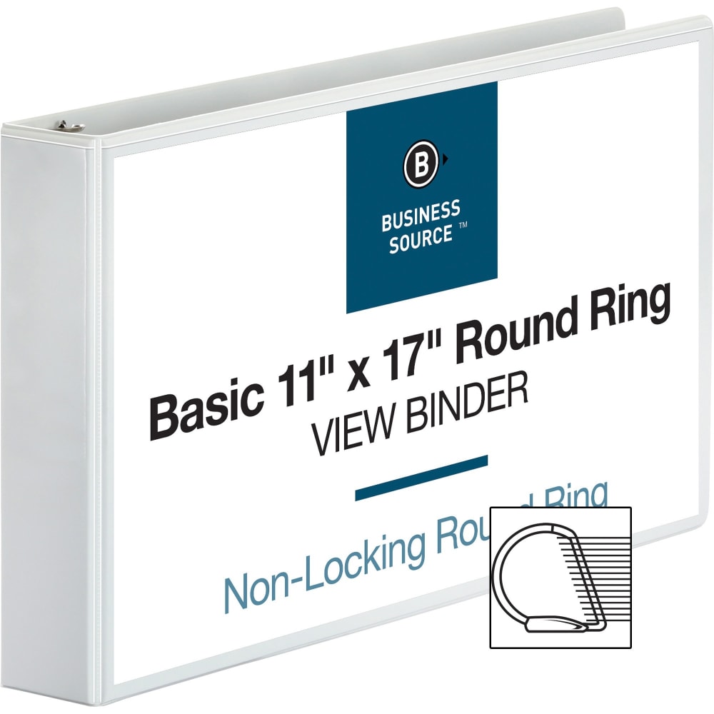 Business Source Round Ring Reference Binder, 2in Ring, 11in x 17in, White