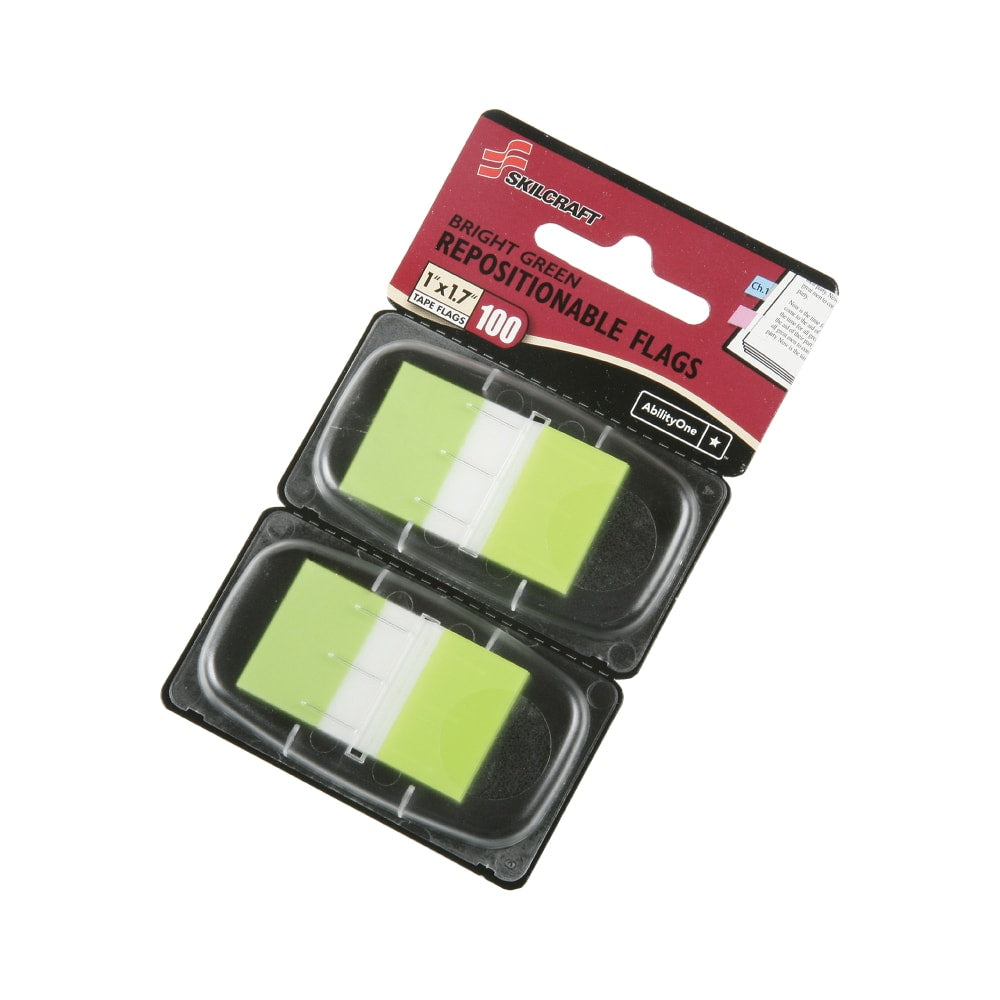 SKILCRAFT 70% Recycled Self-Stick Marker Flags,1in x 1 3/4in, Bright Green, 50 Flags Per Pad, Pack Of 2 (AbilityOne 7510-01-399-1152)