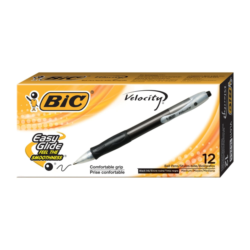 BIC Velocity Retractable Ballpoint Pens, Medium Point, 1.0 mm, Assorted Barrels, Black Ink, Pack Of 12