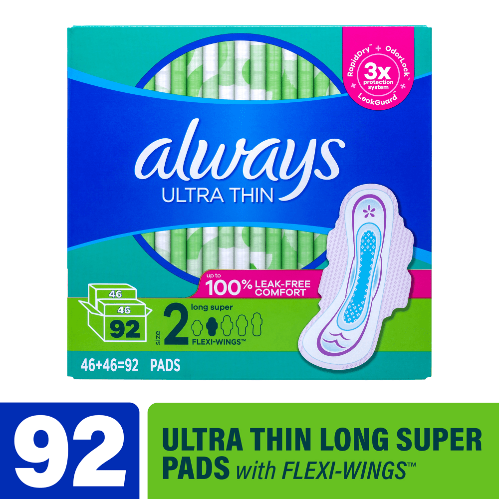 Always Ultra Thin Long Super Pads, Size 2, Box Of 92 Pads