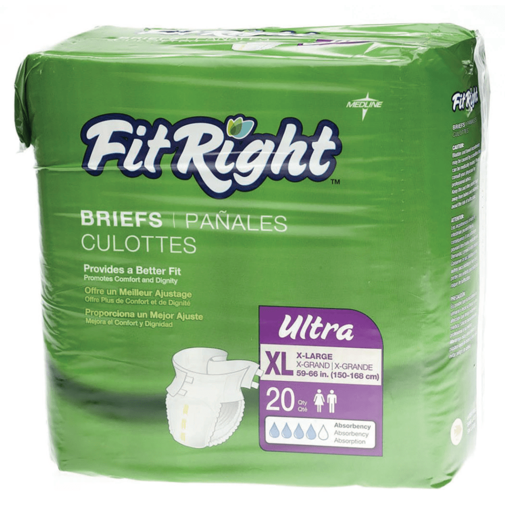 FitRight Ultra Briefs, X-Large, 57 - 66in, Yellow, Bag Of 20