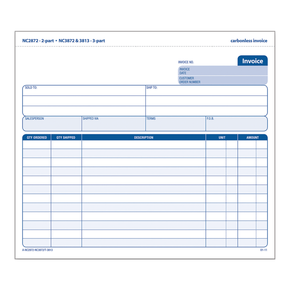 Adams 3-Part Carbonless Invoice Form Unit Set, 8 1/2in x 7 7/16in, White/Canary/Pink, Pack Of 50 Sets