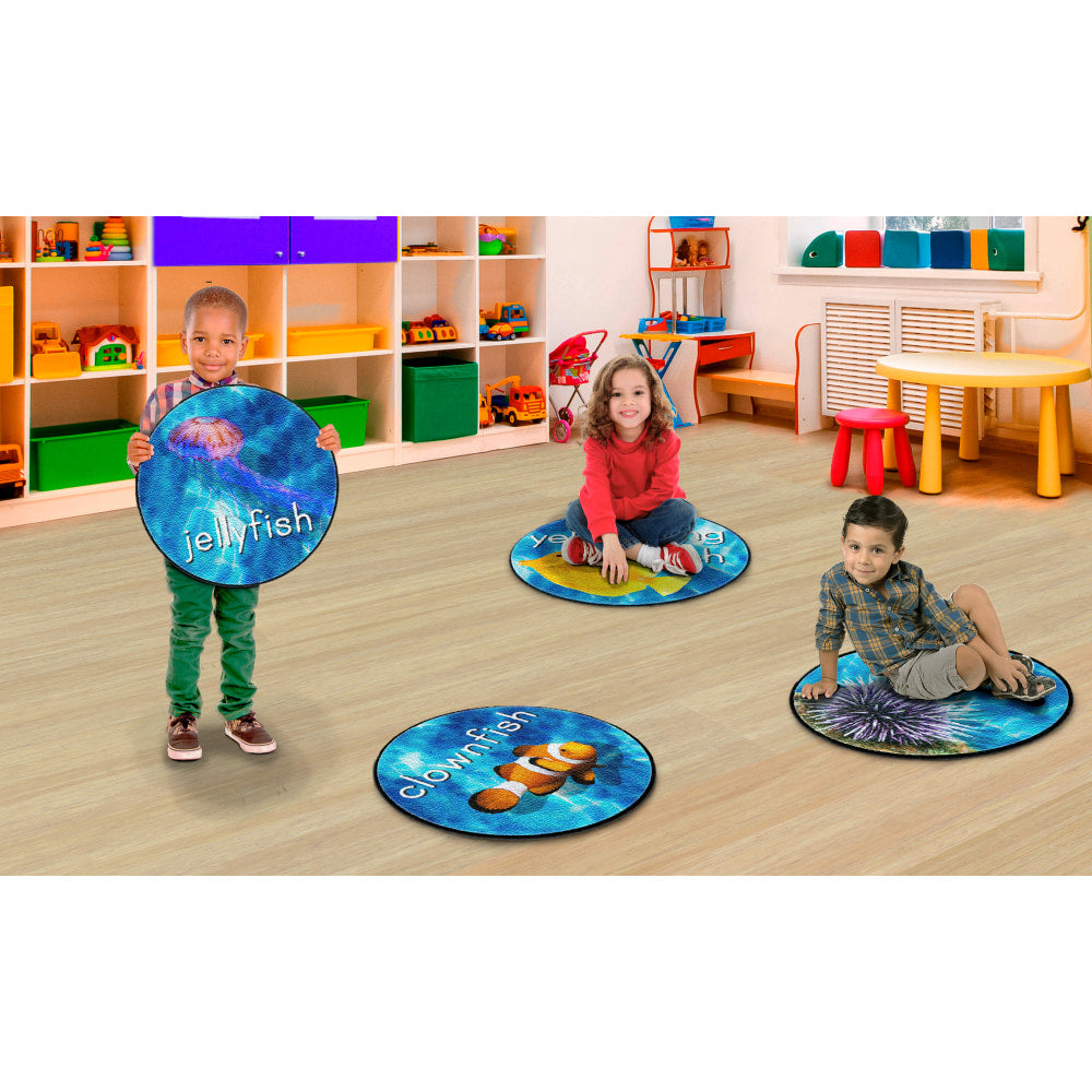 Flagship Carpets Into The Sea Stow-N-Go Round Classroom Seating Rugs, 16in, Pack Of 24 Seating Rugs