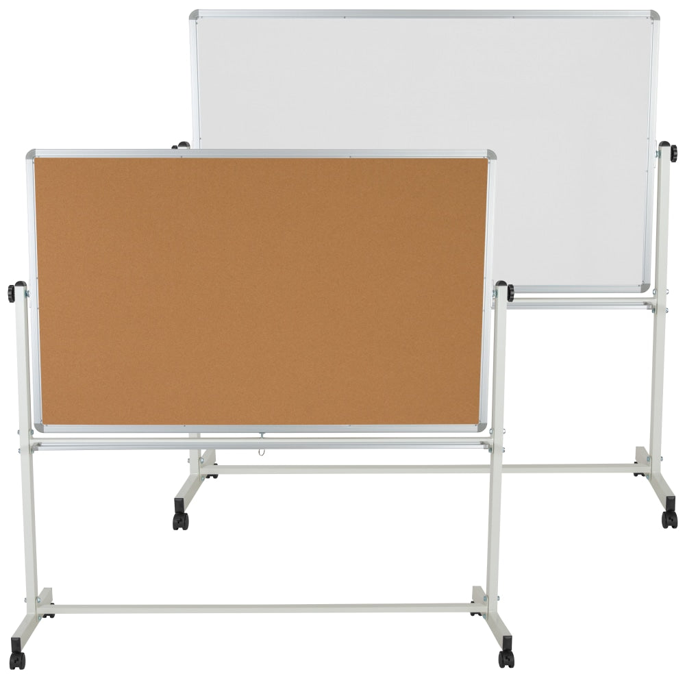 Flash Furniture Reversible Cork Bulletin/Magnetic Dry-Erase Whiteboard, 64 3/4in x 64 1/4in, Silver Aluminum Frame