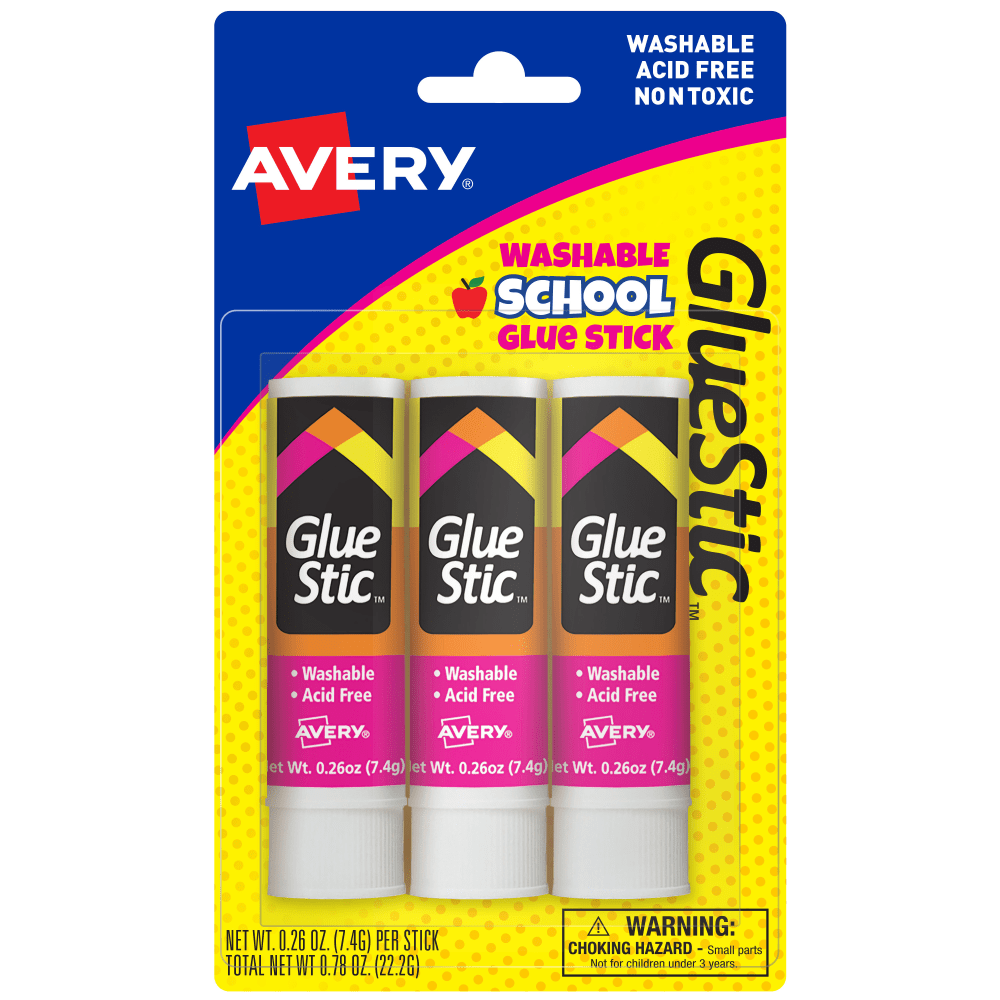 Avery Permanent Glue Stic,, Washable, Nontoxic, 0.26 oz., 3 Glue Sticks