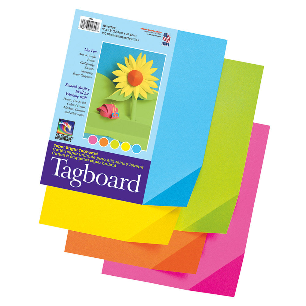 Pacon Colorwave Super Bright Tag Board, 9in x 12in, Assorted Colors, Pack Of 100