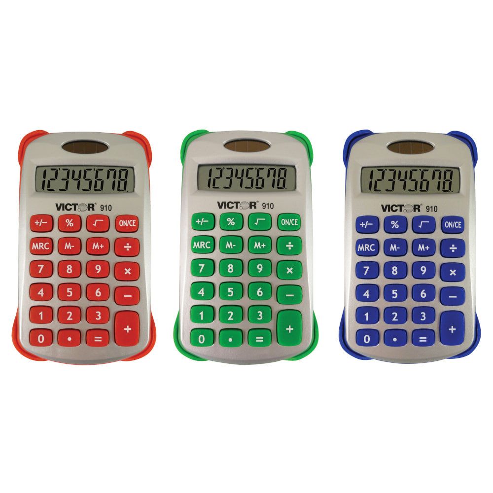 Victor Colorful 8-Digit Handheld Calculators, 4.5inH x 2.6inW x 0.5inD, Assorted Colors, Pack Of 3 Calculators