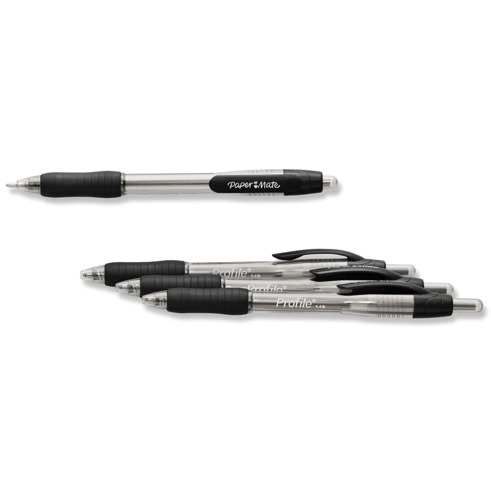 Paper Mate Profile Retractable Ballpoint Pens, Bold Point, 1.4mm, Translucent Black Barrel, Black Ink, Pack Of 36