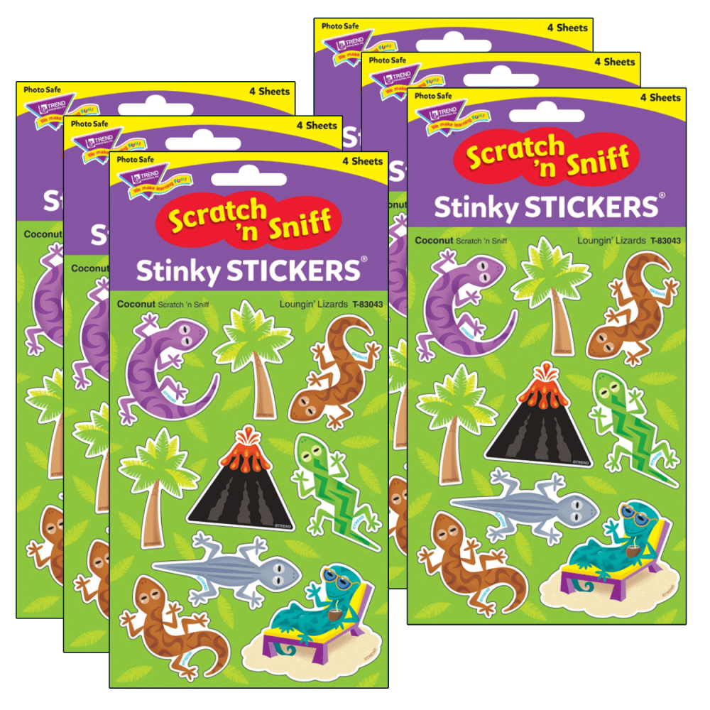 Trend Stinky Stickers, Loungin Lizards/Coconut, 36 Stickers Per Pack, Set Of 6 Packs