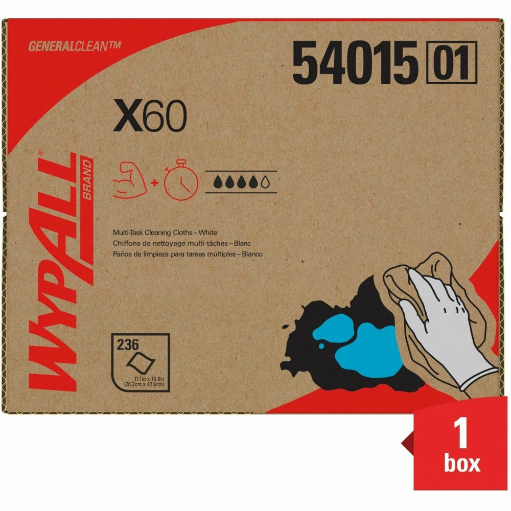 Wypall GeneralClean X60 Multi-Task Cleaning Cloths - Brag Box - 11.10in x 16.80in - White - Cloth - 236.0 Per Box - 1 / Carton