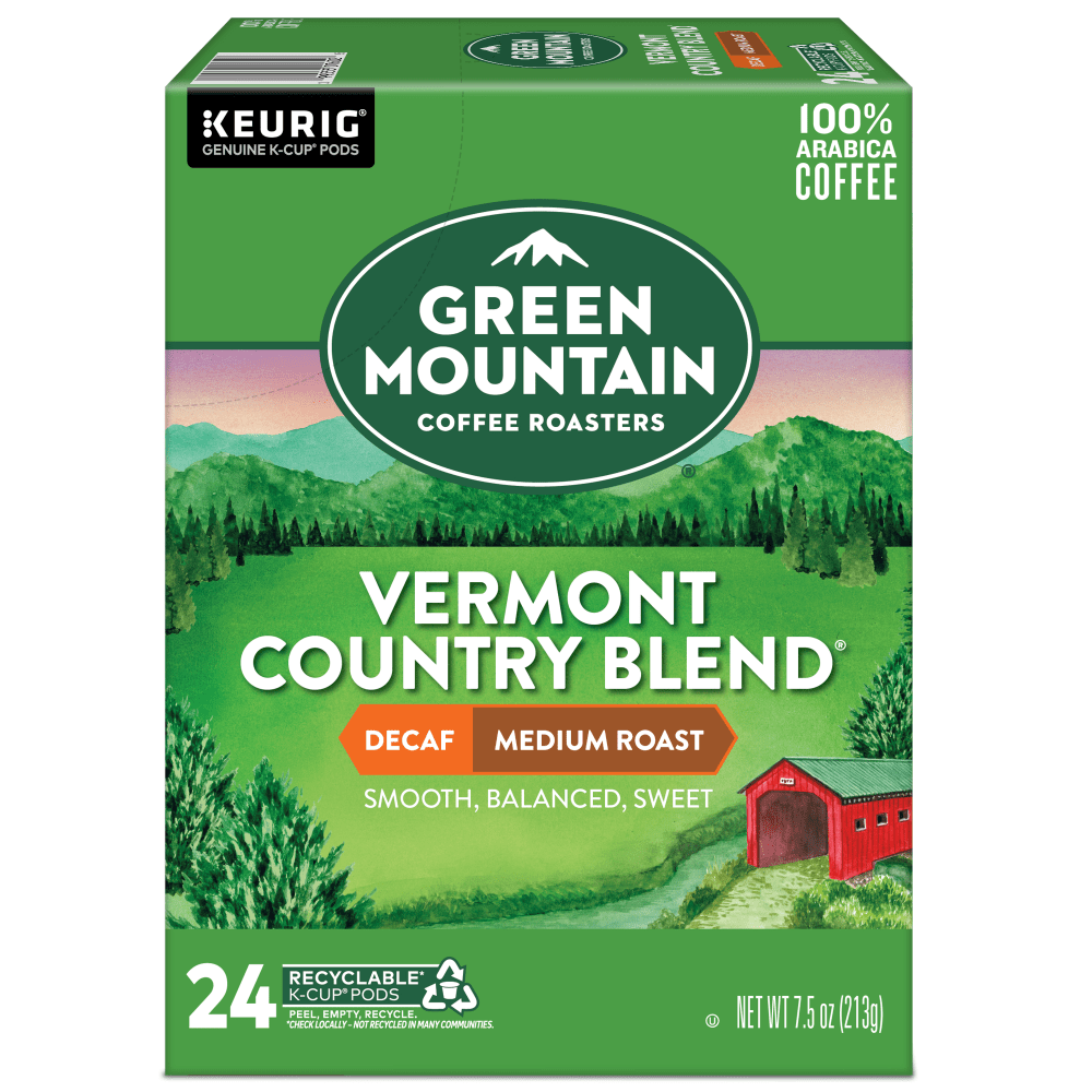 Green Mountain Coffee Single-Serve Coffee K-Cup Pods, Decaffeinated, Vermont Country Blend, Carton Of 24