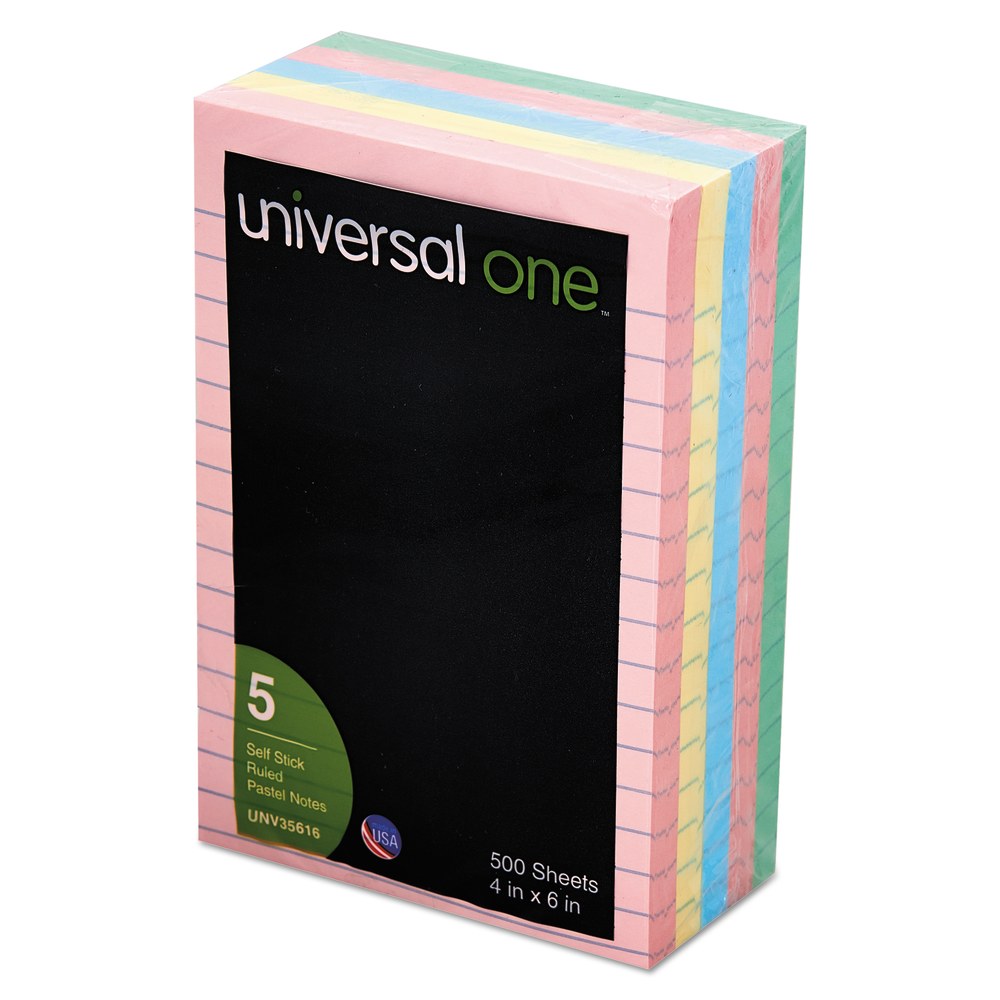 Universal Lined Self-Stick Notes, 4 in x 6 in, Assorted Colors, 100 Sheets Per Pad, Pack Of 5 Pads