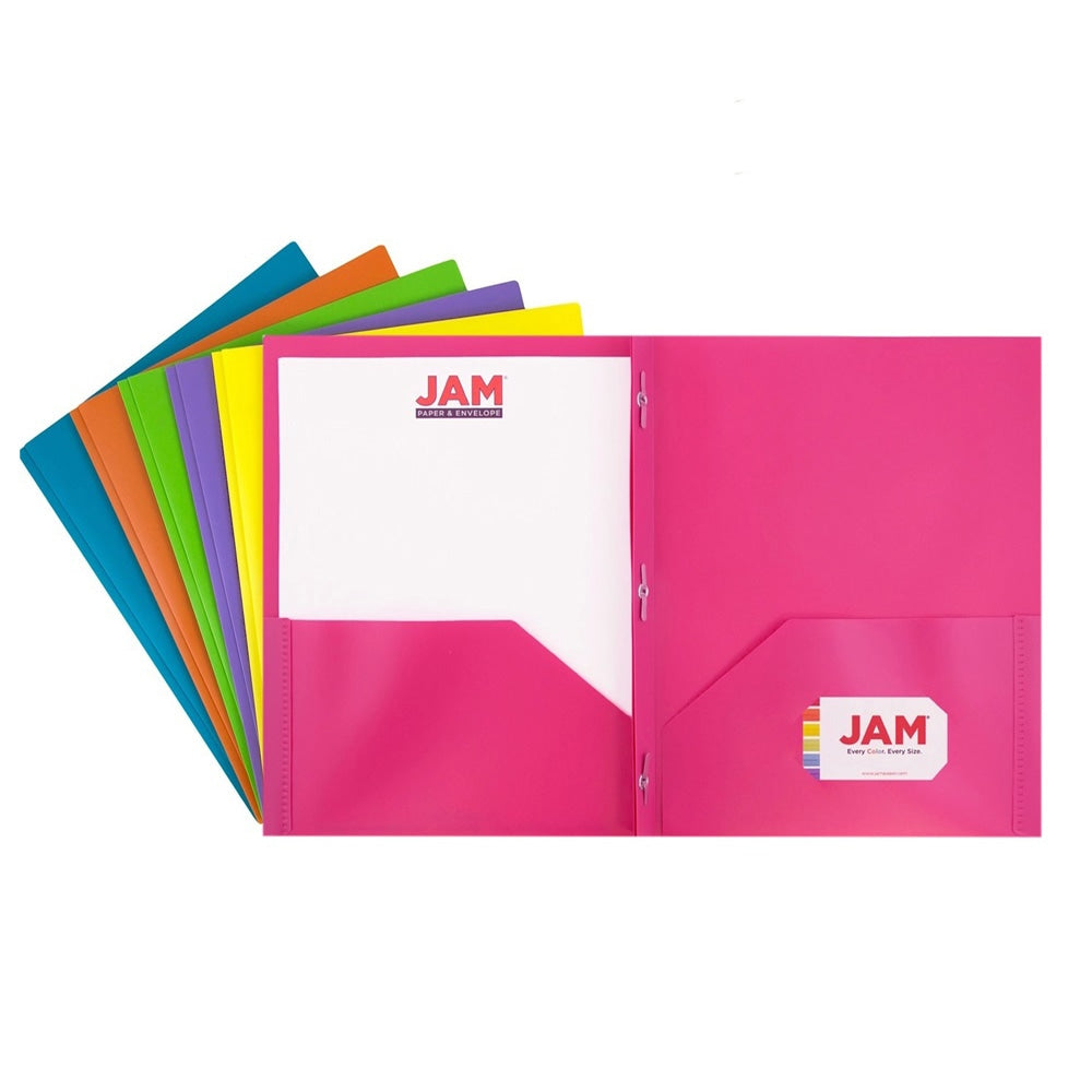 JAM Paper Plastic 2-Pocket POP Folders With Prongs, Letter Size, 9-1/2in x 11-1/2in, Assorted Fashion Colors, Pack Of 6 Folders