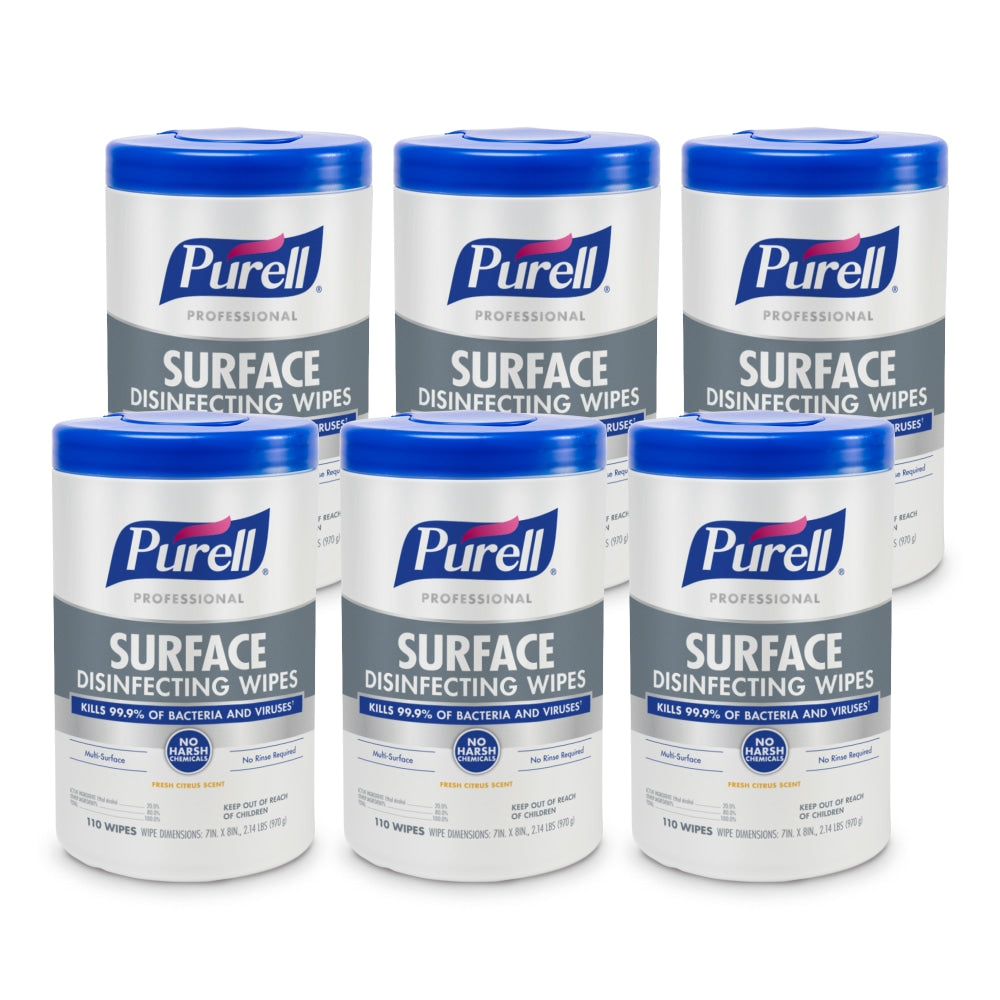 PURELL Professional Surface Disinfecting Wipes, Citrus Scent, 110 Count Canister, 7inx 8in Wipes, Pack of 6 Canisters