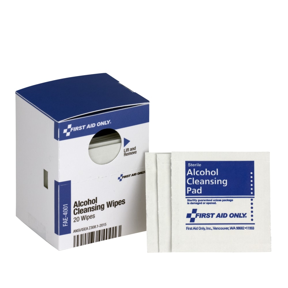 First Aid Only Alcohol Cleansing Pads, 3in x 3in, White, Box Of 20