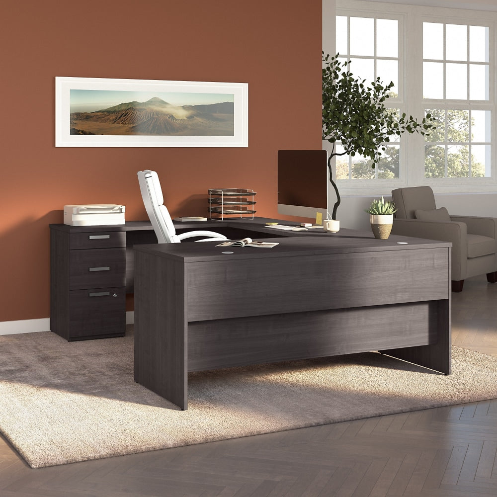 Bestar Ridgeley 65inW U-Shaped Computer Desk, Charcoal Maple