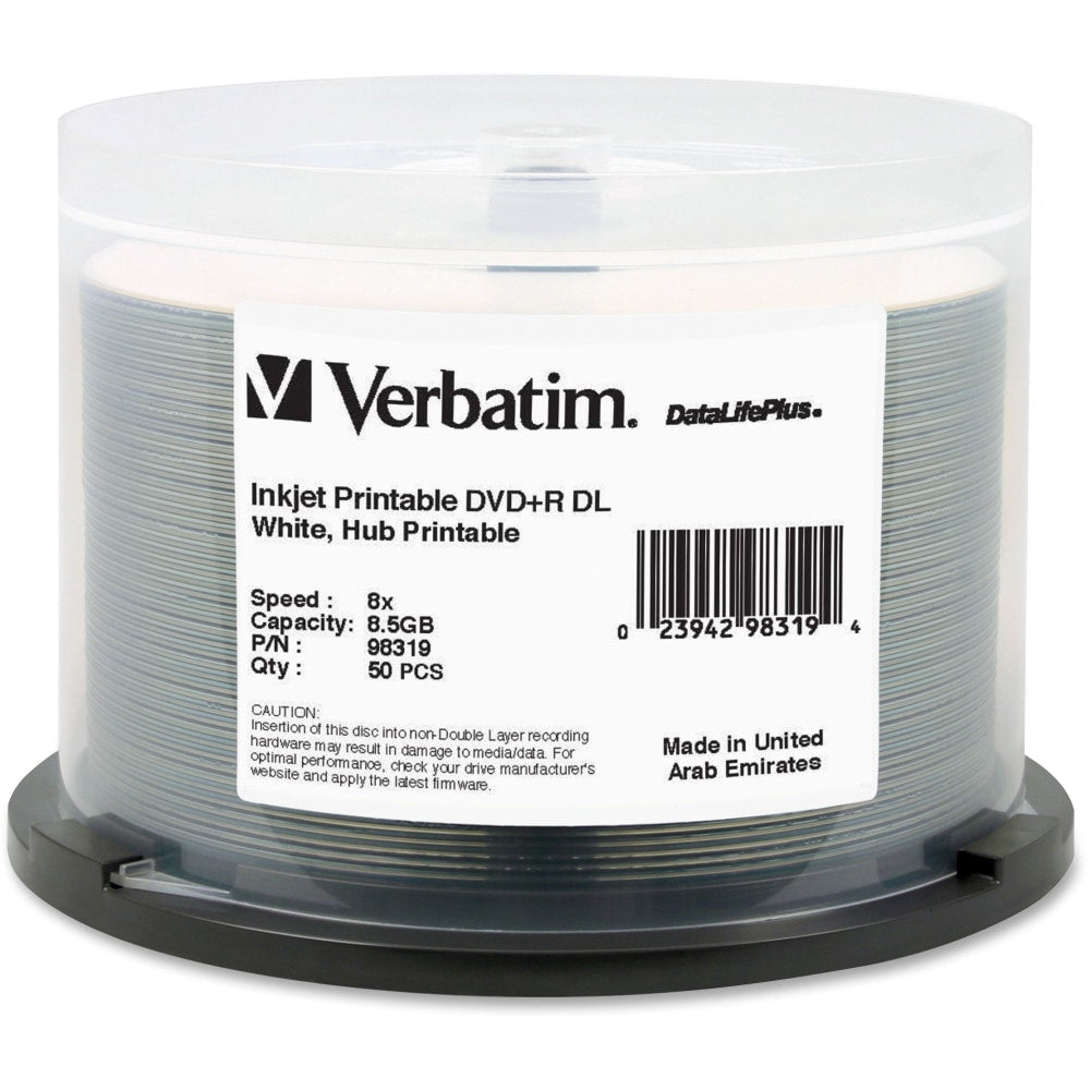 Verbatim DataLifePlus DVD+R Printable Disc Spindle, White, Pack Of 50