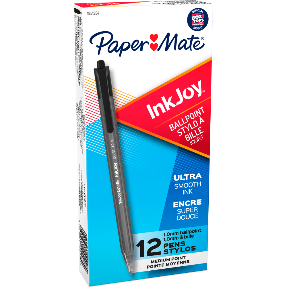 Paper Mate InkJoy 100 RT Pens, Medium Point, 1.0 mm, Translucent Black Barrels, Black Ink, Pack Of 12