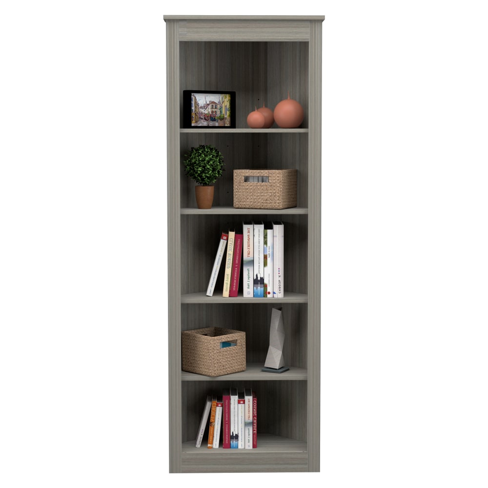 Inval America 71inH 5-Shelf Corner Bookcase, Smoke Oak