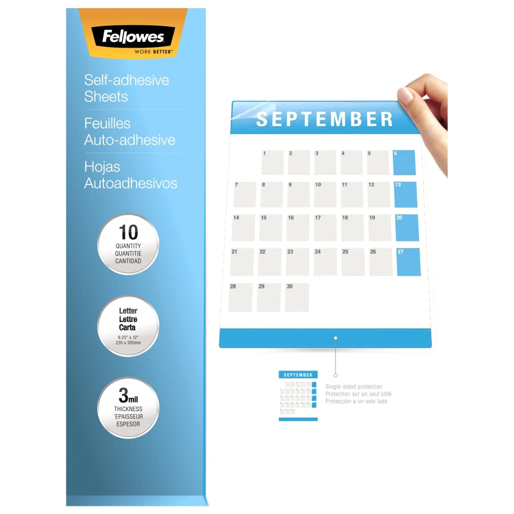 Fellowes Self-Adhesive Laminating Sheets, 9.25in x 12in, 3 mil, Clear, Pack Of 50