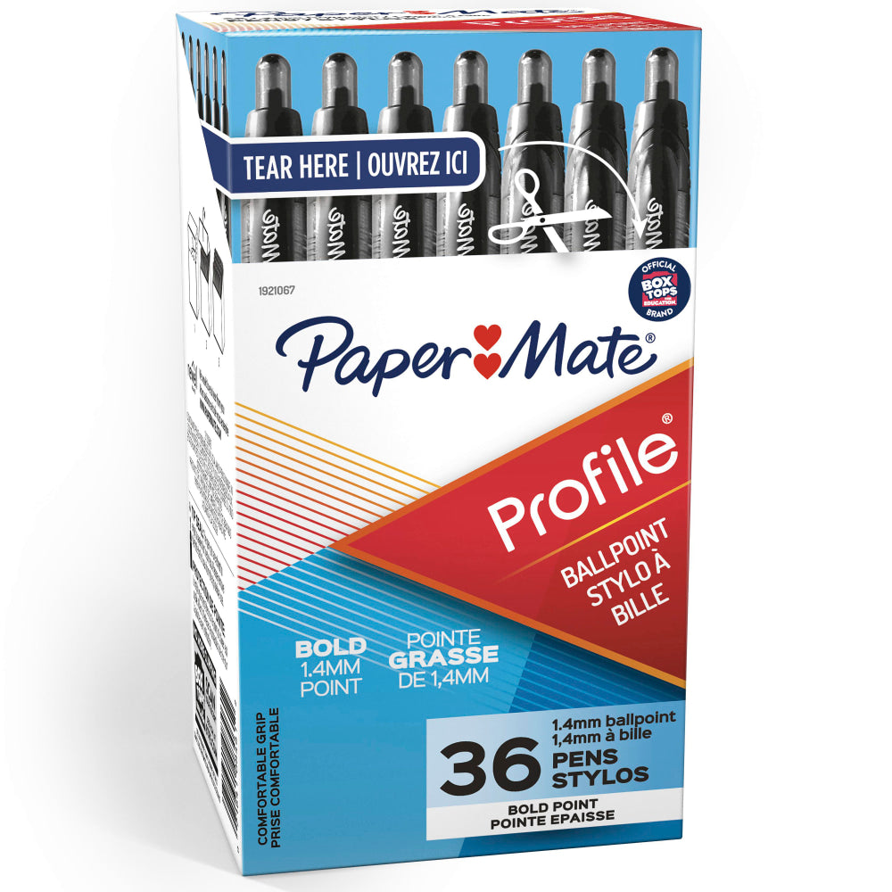 Paper Mate Profile Retractable Ballpoint Pens, Bold Point, 1.4mm, Translucent Black Barrel, Black Ink, Pack Of 36