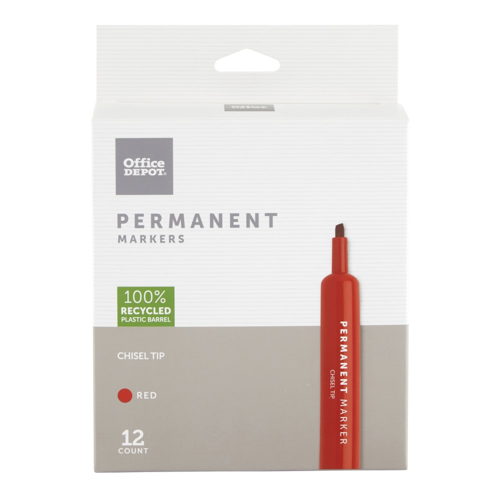 Office Depot Brand Permanent Markers, Chisel Point, 100% Recycled Plastic Barrel, Red Ink, Pack Of 12