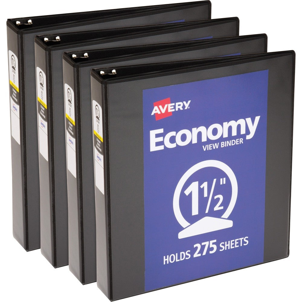 Avery Economy View Binder, 1 1/2in Ring, 8 1/2in x 11in, Black, Pack Of 4