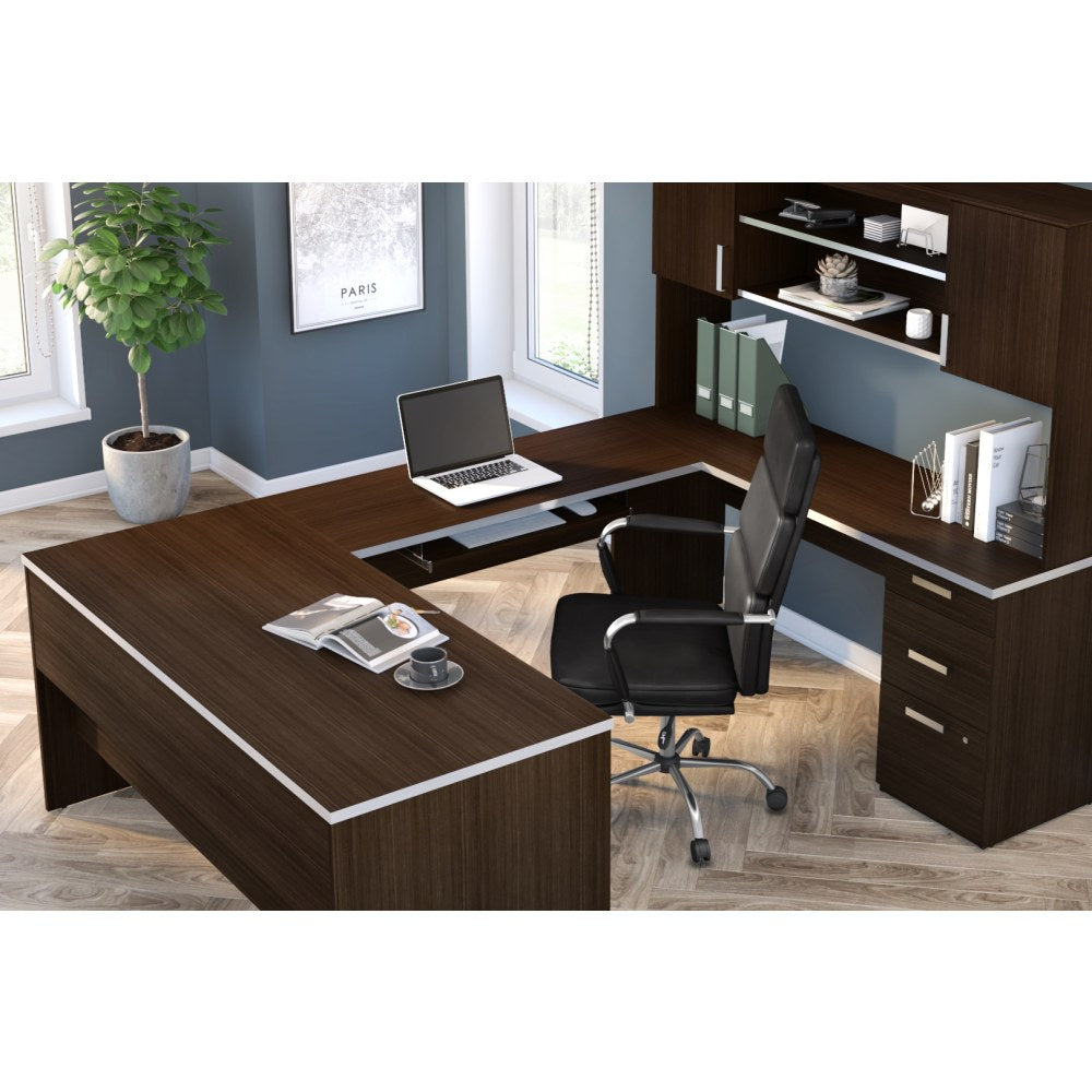 Bestar Ridgeley 65inW U-Shaped Executive Computer Desk With Pedestal And Hutch, Dark Chocolate