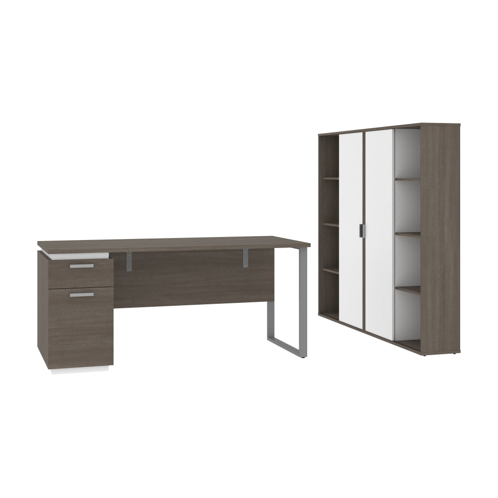 Bestar Aquarius 66inW Computer Desk With Single Pedestal And 2 Storage Cabinets, Bark Gray/White