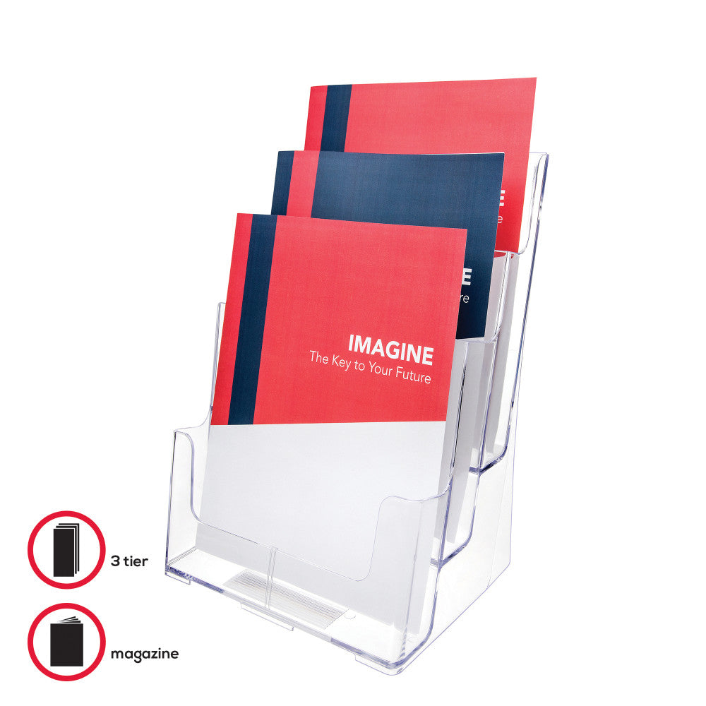 Deflecto 3-Tier Magazine Literature Holder, 12 5/8inH x 9 1/2inW x 6 1/4inD, Clear