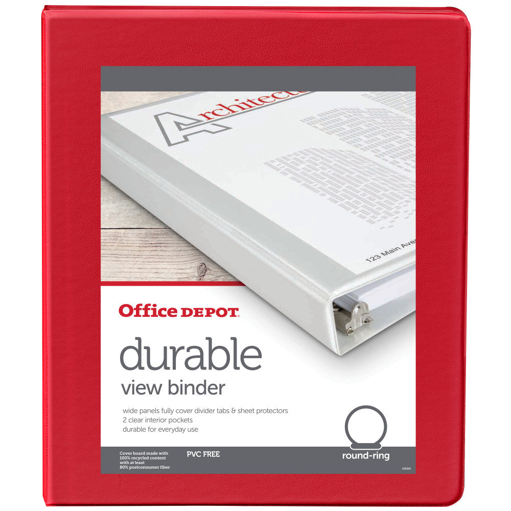 Office Depot Brand 3-Ring Durable View Binder, 1/2in Round Rings, Red