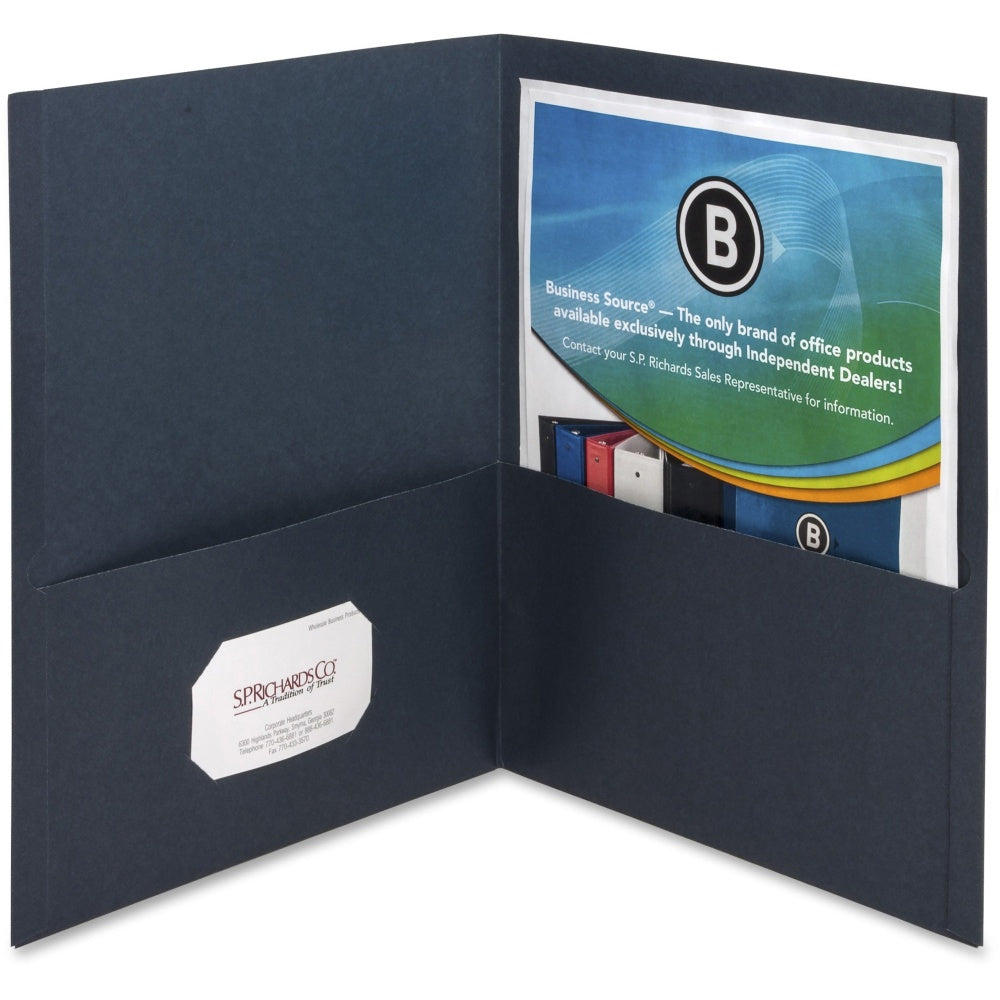 Business Source Letter Recycled Pocket Folder - 8 1/2in x 11in - 100 Sheet Capacity - 2 Inside Front & Back Pocket(s) - Paper - Dark Blue - 35% Recycled - 25 / Box