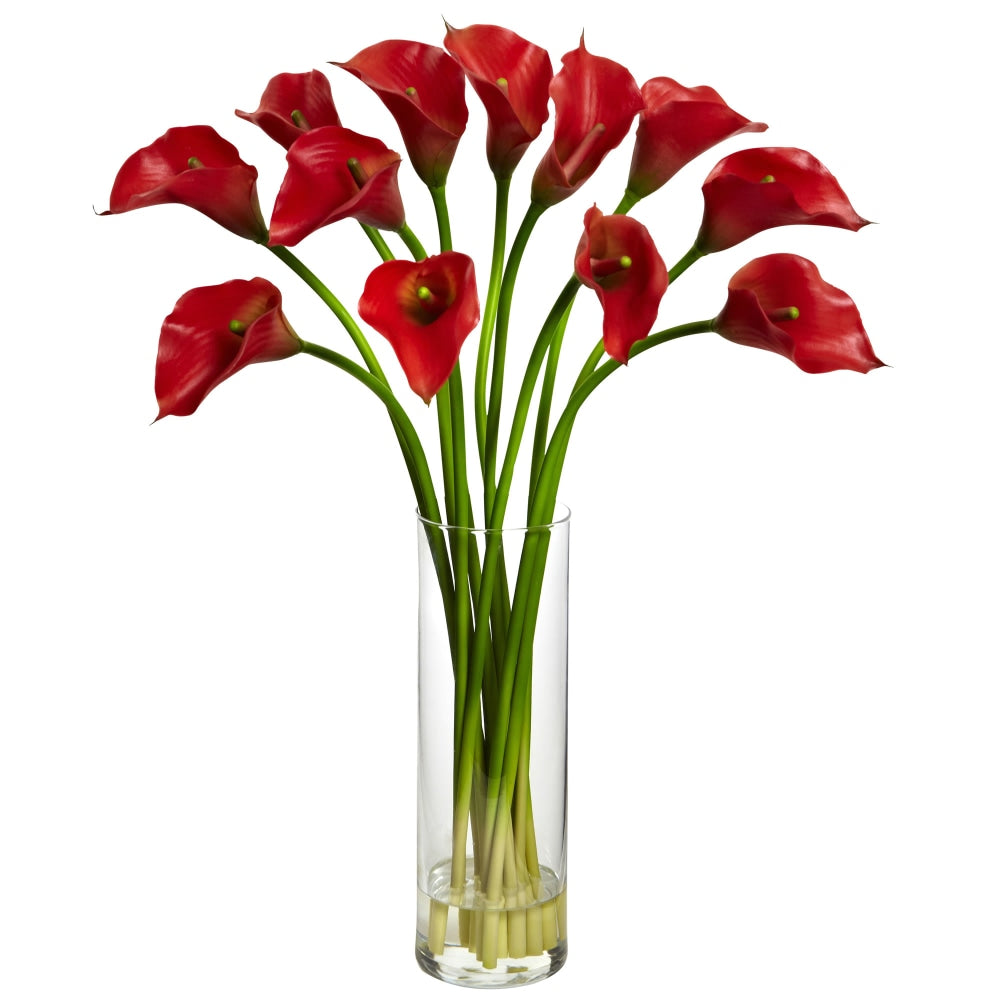 Nearly Natural Mini Calla Lily 20inH Plastic Silk Flower Arrangement With Vase, 20inH x 15inW x 15inD, Red