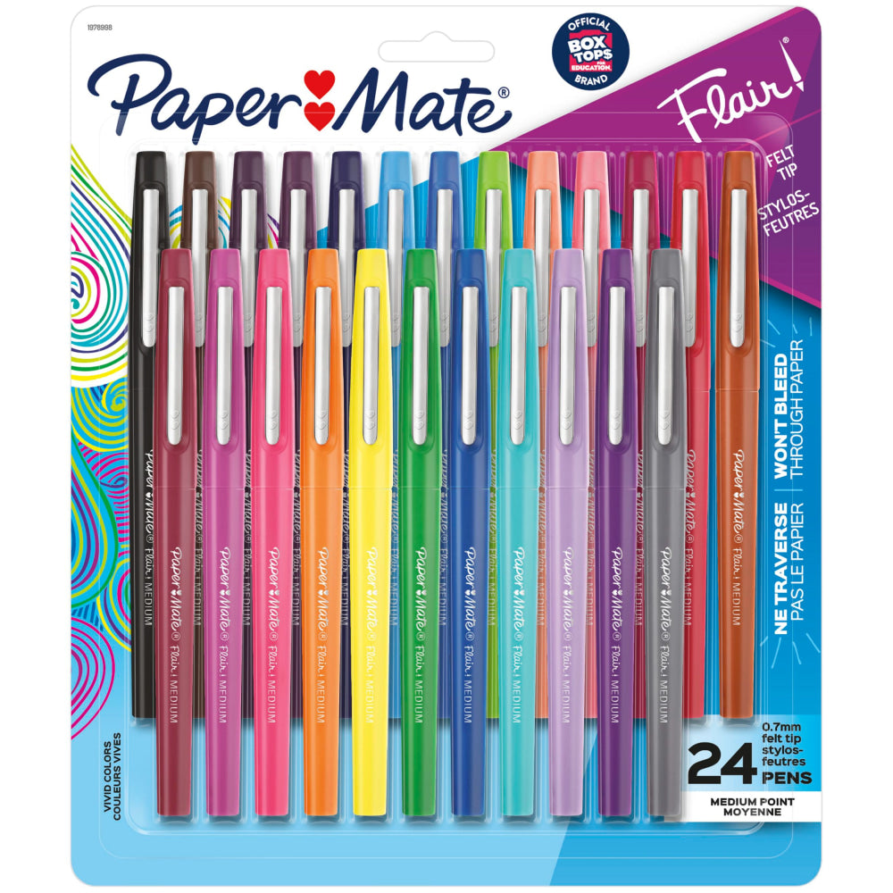 Paper Mate Flair Porous-Point Pens, Medium Point, 0.7 mm, Assorted Ink Colors, Pack Of 24 Pens