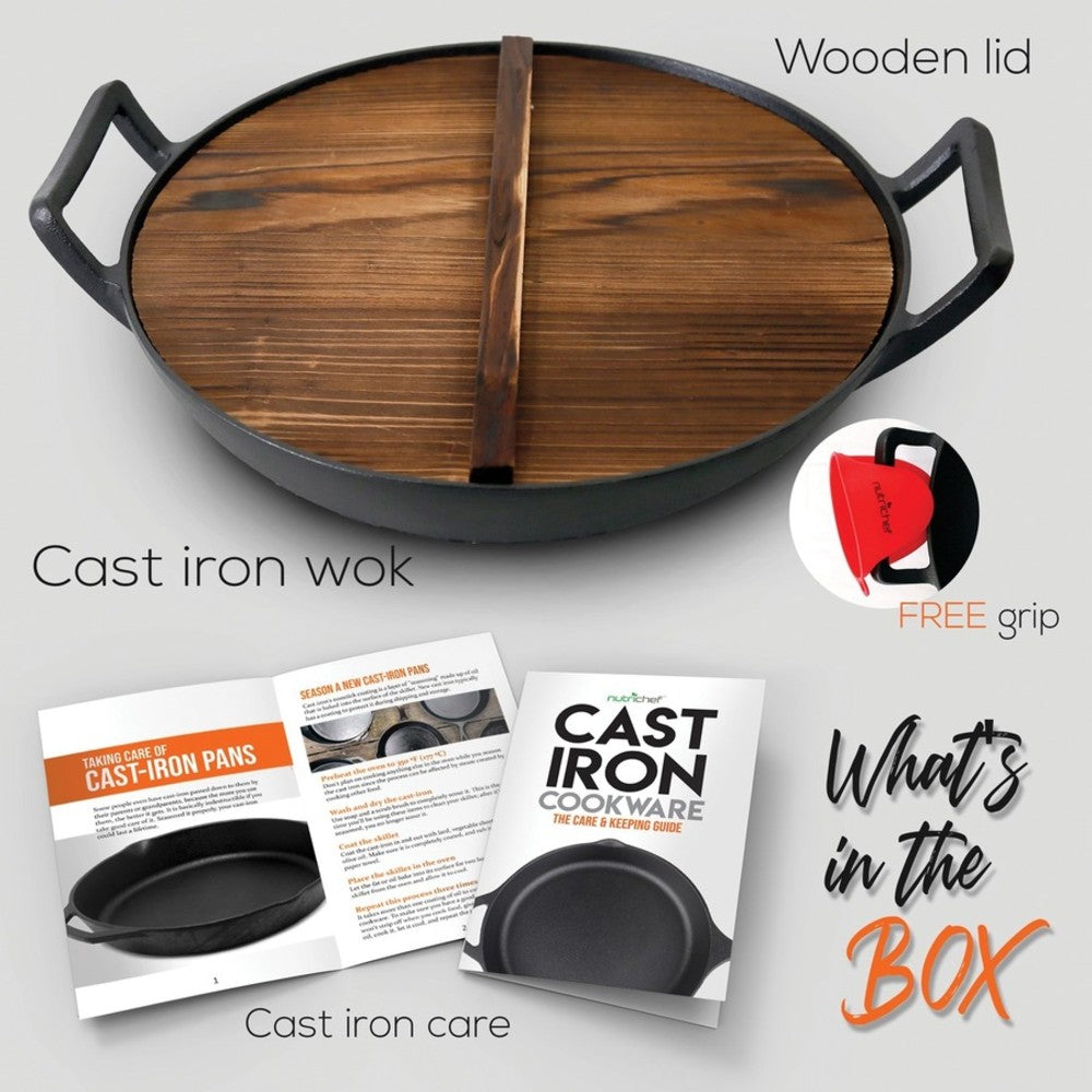 NutriChef Pre-Seasoned Cooking Wok - Cast Iron Stir Fry Wok with Wooden Lid - 2 Pieces - Cooking, Frying - Oven Safe - Black - Cast Iron, Metal, Silicone Body - Wood Lid - 1