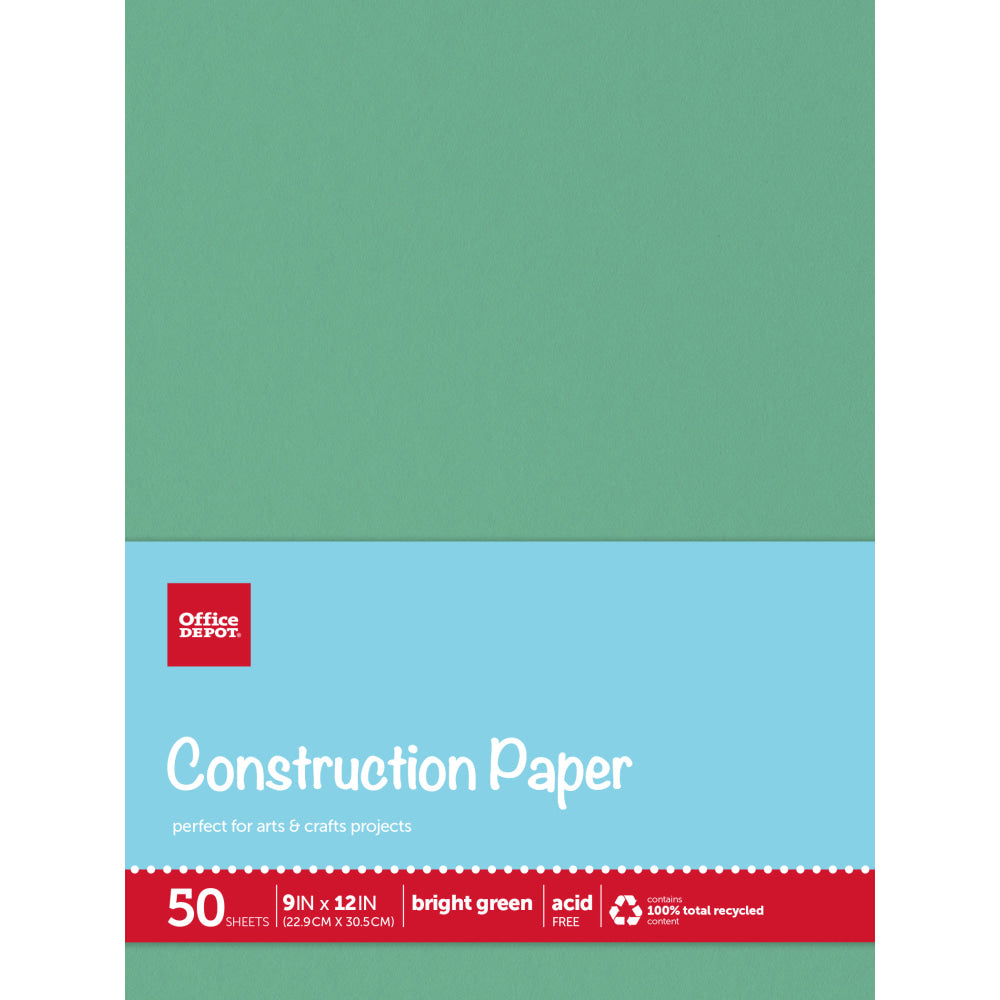 Office Depot Brand Construction Paper, 9in x 12in, 100% Recycled, Bright Green, Pack Of 50 Sheets