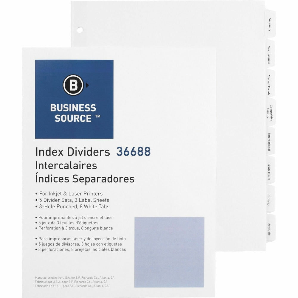 Business Source Punched Tabbed Laser Index Dividers - 8 Blank Tab(s) - 8.5in Divider Width x 11in Divider Length - Letter - 3 Hole Punched - White Paper Divider - White Tab(s) - Recycled - Mylar Reinforcement, Reinforced, Punched - 5 / Pack