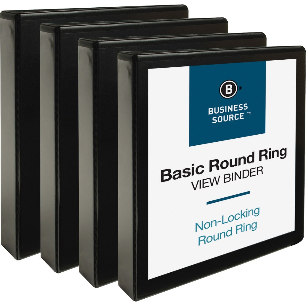 Business Source Round Ring View Binder, 1 1/2in Ring, 8 1/2in x 11in, Black, Pack Of 4