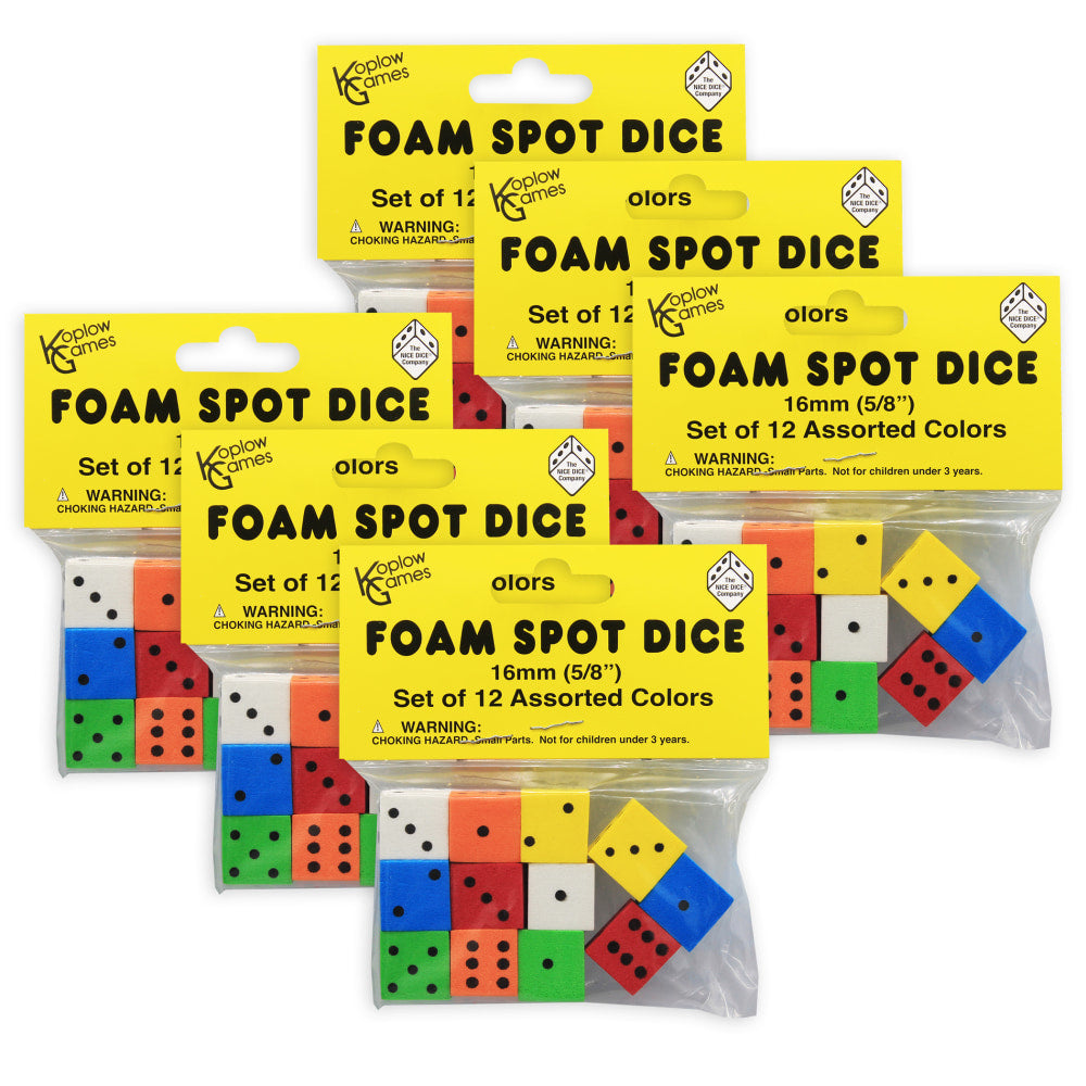 Koplow Games Foam Dice, 5/8in, Assorted Colors, 12 Dice Per Pack, Set Of 6 Packs