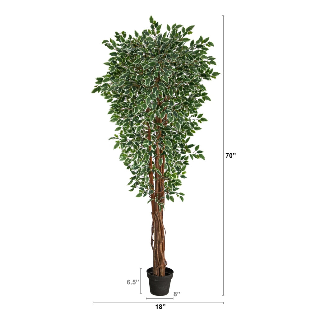 Nearly Natural Variegated Ficus 70inH Artificial Plant With Planter, 70inH x 18inW x 18inD, Green/Black