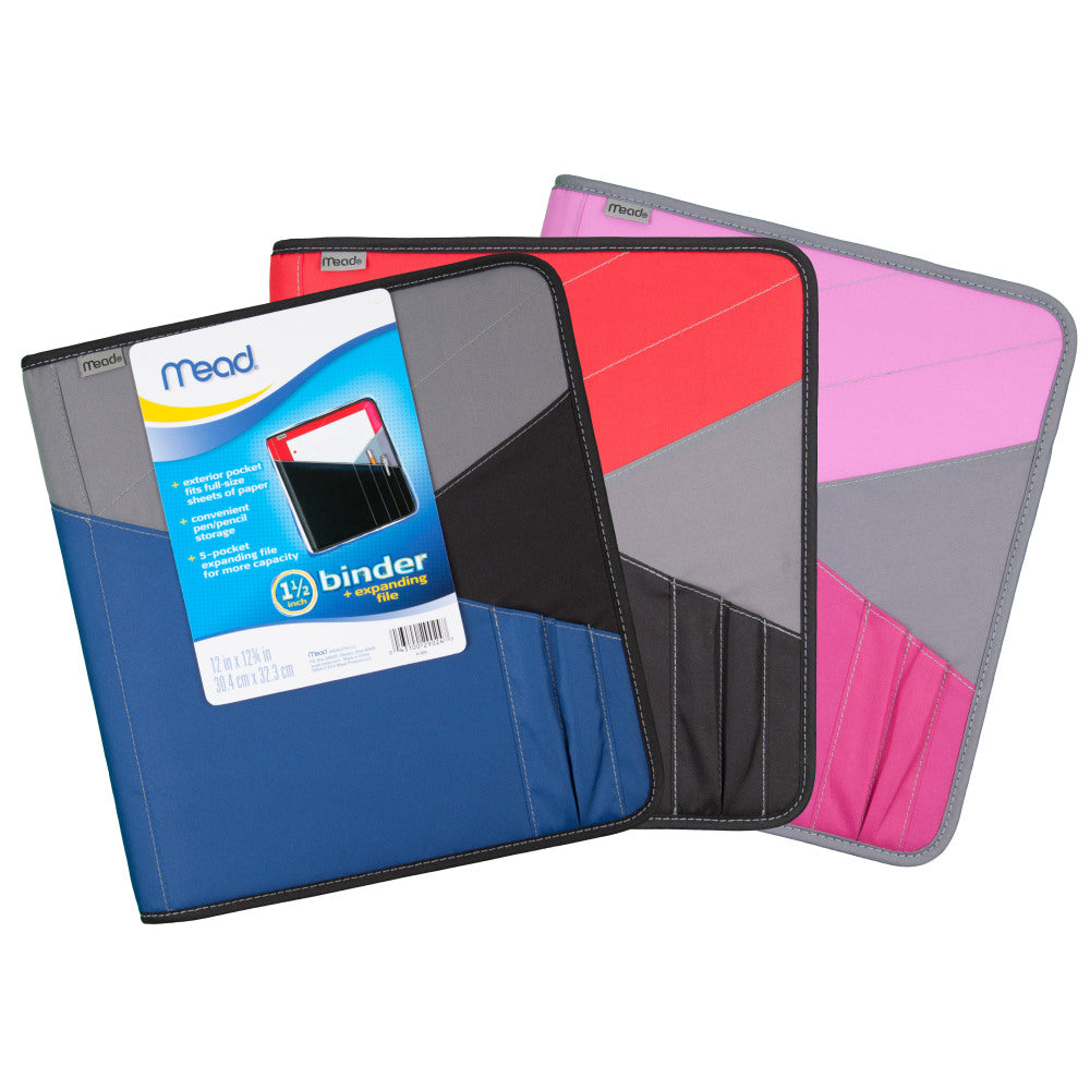 Mead Zipper 3-Ring Binder With Expanding File, 1 1/2in Round Rings, Assorted Colors