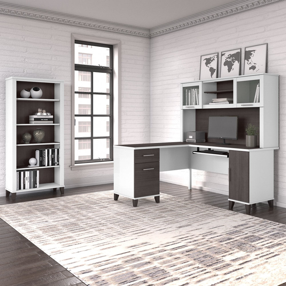 Bush Furniture Somerset 60inW L-Shaped Desk With Hutch And 5-Shelf Bookcase, Storm Gray/White, Standard Delivery