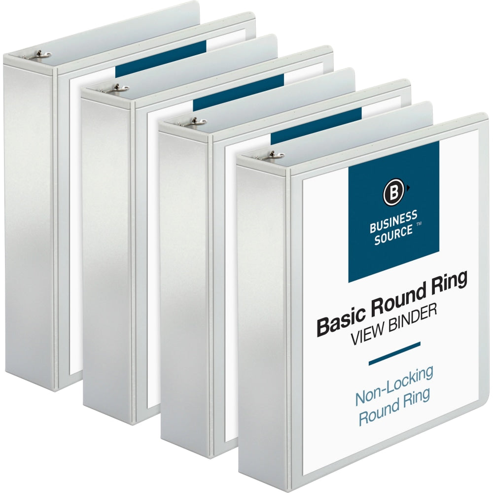 Business Source RounD-Ring View Binder, 2in Ring, 8 1/2in x 11in, White, Pack Of 4