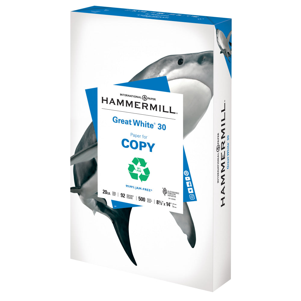 Hammermill Great White Copy Paper, 1 Ream, White, Legal (8.5in x 14in), 500 Sheets Per Ream, 20 Lb, 92 Brightness, 30% Recycled