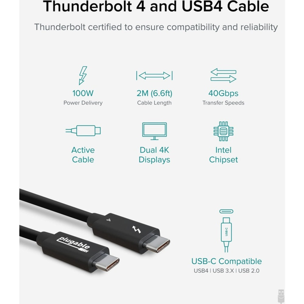 Plugable Thunderbolt 4 Cable [Thunderbolt Certified] - 2M/6.6ft, 100W Charging, Single 8K or Dual 4K Displays, 40Gbps Data Transfer, Driverless